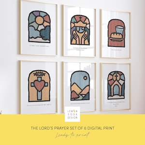 The Lord&#39;s prayer set of 6 digital print bundle, kids bible verse Church Sunday school classroom scripture decor, boho Christian art