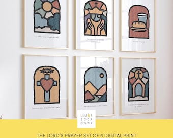 The Lord's prayer set of 6 digital print bundle, kids bible verse Church Sunday school classroom scripture decor, boho Christian art 187