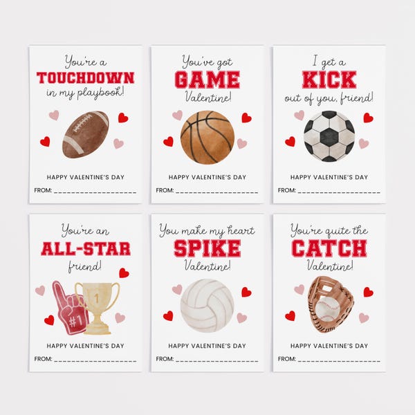 Printable Sports Valentine's Day Cards, Basketball, Football, Baseball, DIGITAL DOWNLOAD