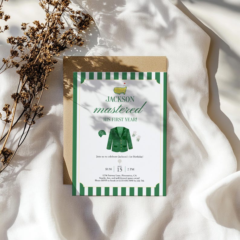 May include: A golf-themed invitation with a green and white striped border. The invitation features the text "Jackson mastered his first year!" and includes illustrations of golf-related items. The date and time are also included.