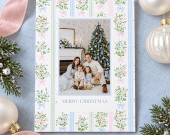 Pink and Blue Floral Bow Christmas Photo Card Template Two Sided with Family Collage