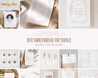 May include: A collection of pink and gold first birthday party decorations and stationery. Includes cupcake toppers, invitations, welcome sign, thank you cards, and favor tags. The text "1st Birthday Bundle" and "Born to Bloom" are visible.