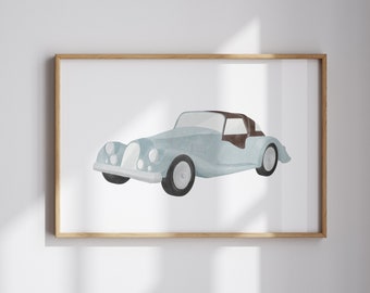 Stampa di un'auto d'epoca blu: decorazione per la cameretta dei bambini (download digitale)