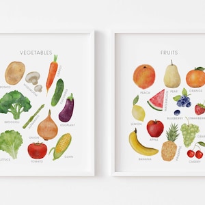 Set of 2 Fruits and Veggies Prints, Printable Educational Poster, Watercolor Fruits Vegetables Wall Art, Nursery Playroom Decor, Downloads