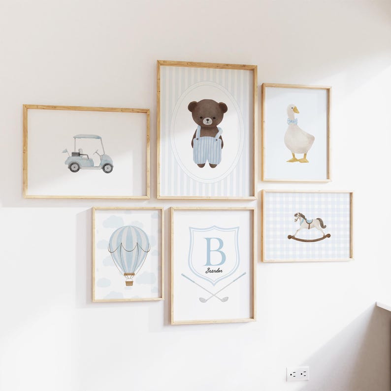 Blue Baby Boy Room Decor, Wall Art Prints Set of 6, Custom Name Initial