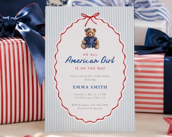 Einladungsvorlage für eine Babyparty mit Teddybärmotiv für amerikanische Mädchen (Sofort-Download)