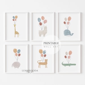 Printable Nursery Animal Wall Art, Set of 6 Animal Print,  Earthy Color Animal Nursery Decor, Toddler Kids Room Decor, digital downloads