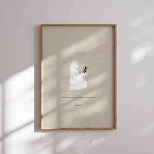 May include: A beige printable art print with a minimalist illustration of a person holding a small plant. The text reads "I am the true vine, my Father is the gardener. John 15:1"