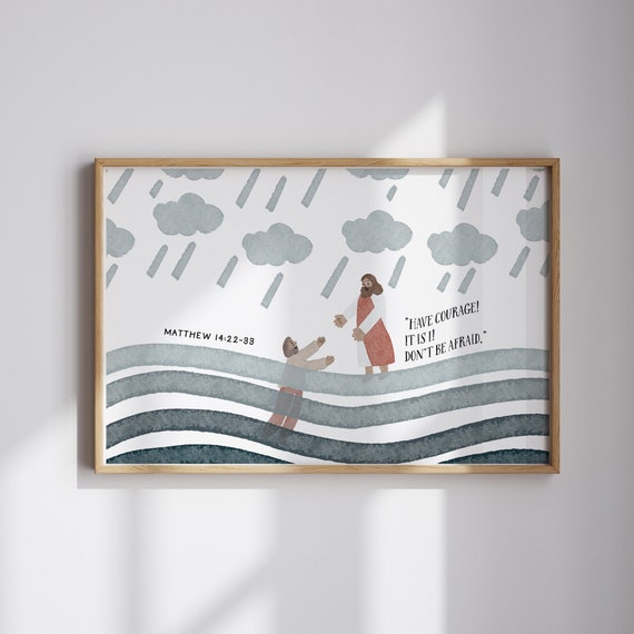Jesus and Peter Walk on Water Print, Christian Kids Bible Art (Digital Download)