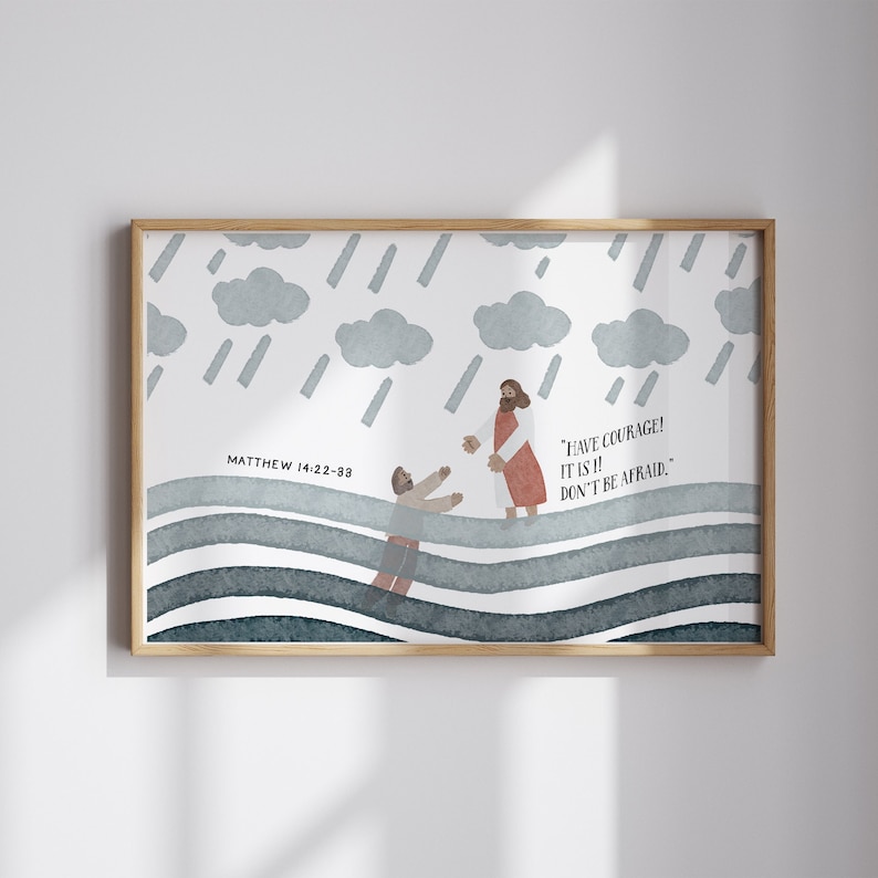 Walk on Water, Jesus and Peter bible art, Christian Kids art, bible sketches, Courage Bible story Jesus art, Sunday school bible wall art