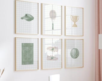 Sage Green Tennis Nursery Decor Prints: Gingham Sports Art (Digital Download)