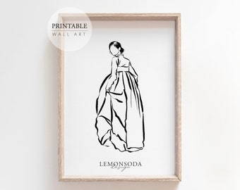 Korean Art Print, Korean Line Drawing Art Poster, Korean Woman Print, Hanbok Art, Digital Print, Printable wall art, Modern Home Decoration