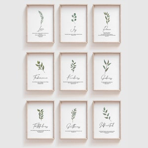 Fruit of the Spirit, Bible Verse Wall Art, Set of 9 Prints, Botanical Christian Home Scripture Wall Art, Christian Quote, Instant Download