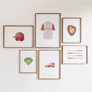 Baseball wall art set of 6 gallery digital prints, Vintage Sports nursery wall decor, kids Playroom wall decor, Kids Athlete wall art