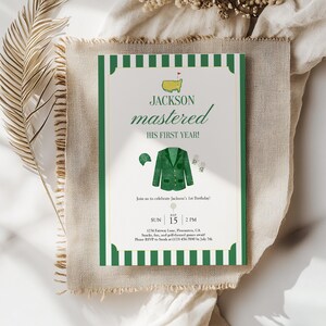 May include: A green and white striped invitation card with the text "JACKSON mastered HIS FIRST YEAR!" and golf-themed illustrations. The card includes event details: Sunday, July 15, 2 PM, and an RSVP request.