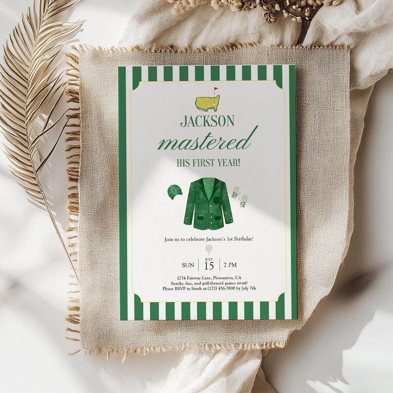 May include: A green and white striped invitation card with the text "JACKSON mastered HIS FIRST YEAR!" and golf-themed illustrations. The card includes event details: Sunday, July 15, 2 PM, and an RSVP request.