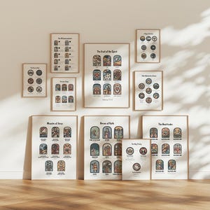 May include: A set of framed art prints with religious themes, including "The 10 Commandments," "The Fruit of the Spirit," and "Miracles of Jesus." The prints feature colourful illustrations and text, displayed against a neutral wall and wooden floor.