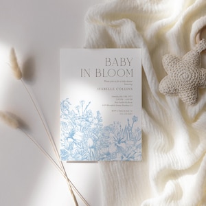 Elegante blauwe toile de jouy babyshower uitnodiging, bewerkbare baby in bloei sjabloon, afdrukbare bloemen babyshower uitnodiging, digitale download