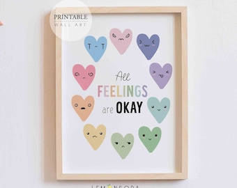 Pastel All feelings are Okay print, Printable School Psychologist wall art, Therapist, Counselor office decor, Educational print, Digital