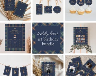 Teddy Bear 1st Birthday Invitation Bundle, Navy Plaid Preppy Boy Polo Bear Editable Template