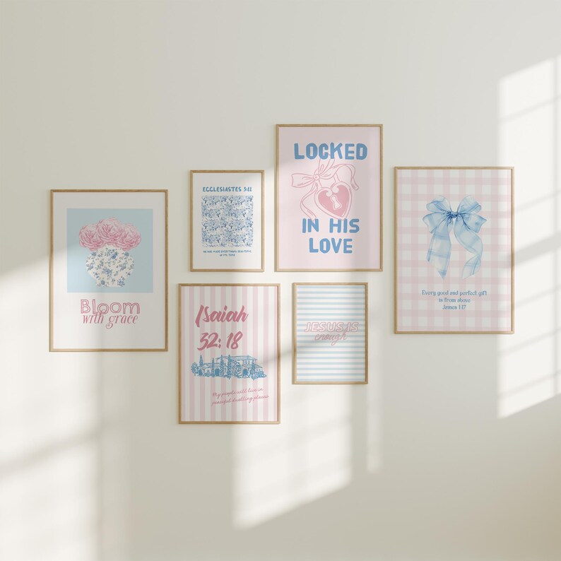 Pink & Blue Bible Verse Poster Set: Coquette Girly Christian Dorm Decor ...