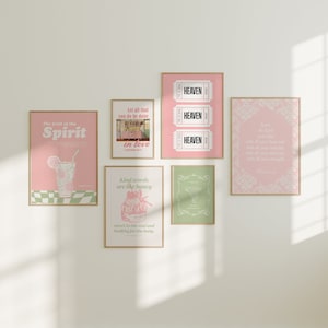 Trendy roze groene Aesthetic Gallery muurbundel set van 6, christelijk-religieus bijbelvers wanddecor, moderne christelijke cottage-kerncoquette