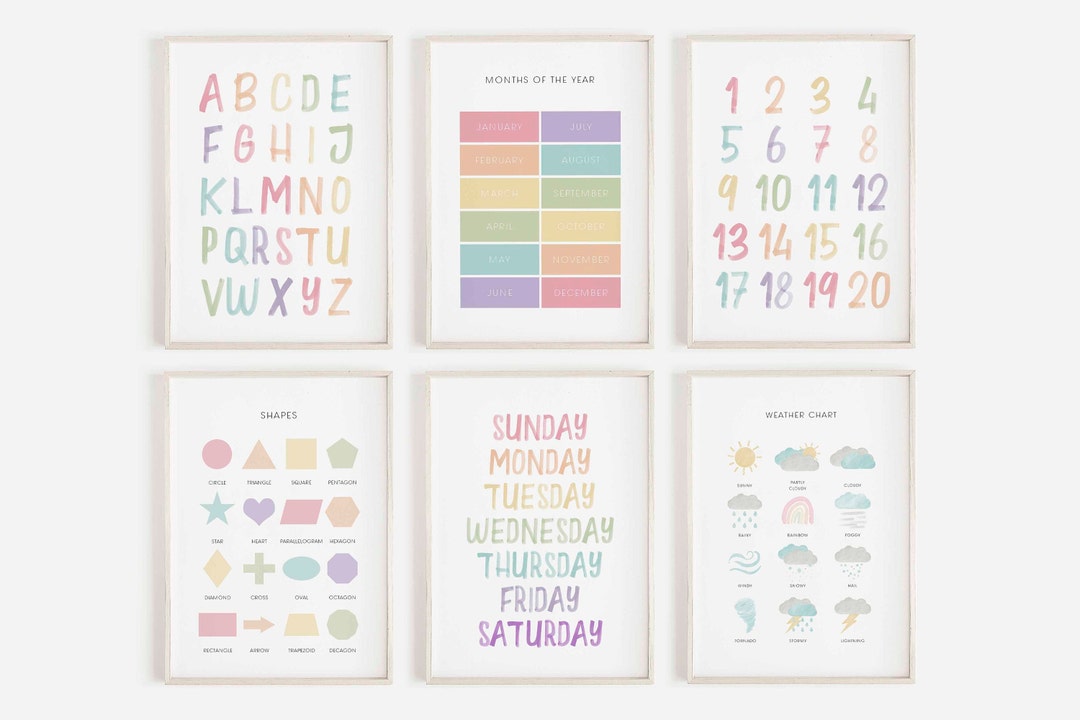 Pastel Alphabet Print Play Room Wall Shapes Days of Week Educational ...