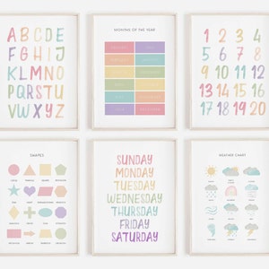 Pastel Alphabet Print Play Room Wall Shapes days of week educational preschool home school chart kindergarten 123 numbers toddler activities image 1