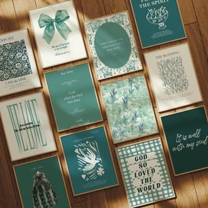 May include: A collection of 10 framed prints with teal and white backgrounds. The prints feature various religious quotes and designs, including a dove, a floral pattern, and a checkered pattern. The prints are all framed in a light wood frame.