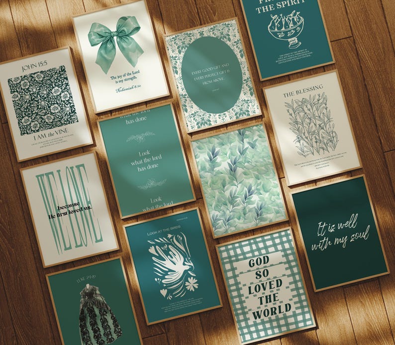May include: A collection of 10 framed prints with teal and white backgrounds. The prints feature various religious quotes and designs, including a dove, a floral pattern, and a checkered pattern. The prints are all framed in a light wood frame.