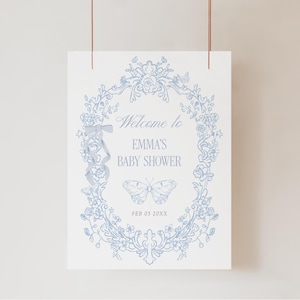 Blue Toile Baby Shower Welcome Sign Coquette Floral Template