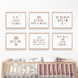 Boho Horizontal Christian Nursery Wall Decor, Set of 6 kids bible verse wall art, biblical Sunday School Church Nursery Decor Bundle