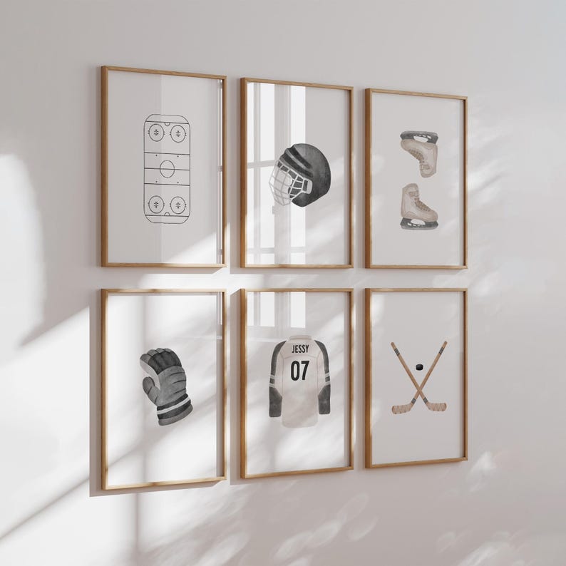 Black Hockey Wall Art Digital Prints, Watercolor Vintage Minimal Sports