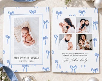 Blue Bow Christmas Photo Card Template Two Sided Newborn and Family Collage Design