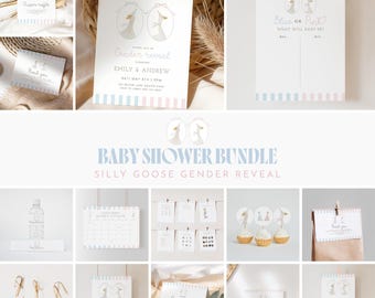 Gender Reveal Invitation Bundle, Silly Goose Pink Blue Baby Shower Editable Template