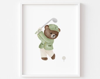 Teddy Bear Golf Nursery Print: Sage Green Sports Theme (Digital Download)