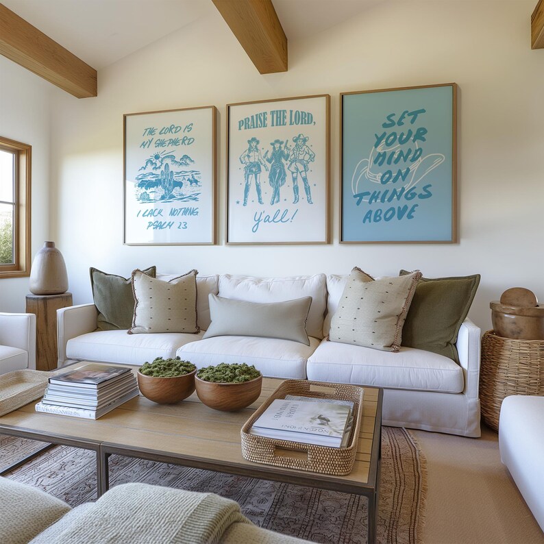 Blue Aesthetic Cowgirl Coastal Christian Art Set of 3 Coquette Wall