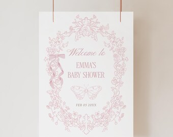 Pink Toile Baby Shower Welcome Sign Coquette bow Floral Template