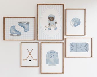 Personalized Blue Hockey Teddy Bear Print: Boys Sports Room Decor (Digital Download)