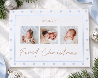 Blue Heart Baby First Christmas Photo Card Template Two Sided Horizontal Newborn Design