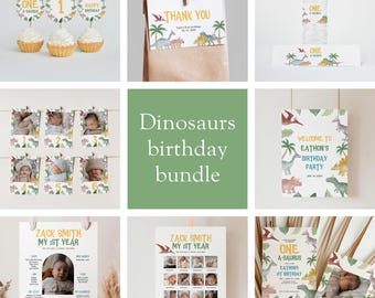 Puede incluir: Una colección de decoraciones para fiestas de cumpleaños con temática de dinosaurios. Incluye adornos para cupcakes, una etiqueta de agradecimiento, etiquetas para botellas de agua, exhibidores de fotos y un letrero de bienvenida.