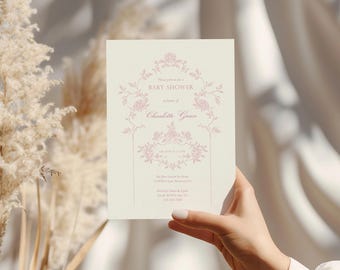 Pink Toile de Jouy Baby Shower Invitation French Chinoiserie Floral Editable Template