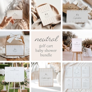 Neutralny edytowalny zestaw na baby shower z wózkiem golfowym, niestandardowy cyfrowy szablon zaproszenia na baby shower, klasyczny minimalistyczny design 0207