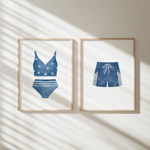 Blue Swimsuit Watercolor Art Prints: Vintage Summer Decor (Digital Download)