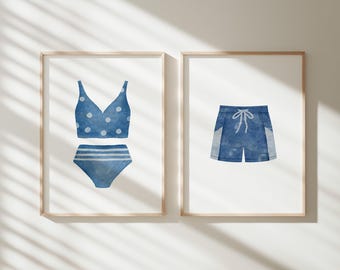 Blue Swimsuit Watercolor Art Prints: Vintage Summer Decor (Digital Download)