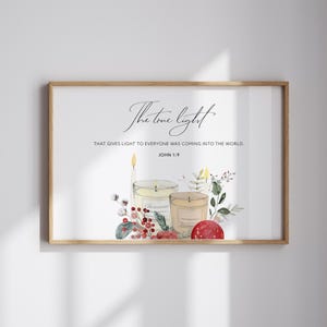 La Luz Verdadera Juan 1:9 Arte mural cristiano navideño imprimible en acuarela, póster horizontal de las Escrituras, versículo bíblico, decoración navideña para el hogar
