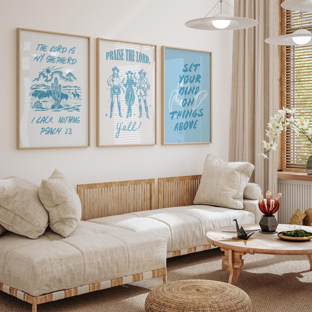 Blue Aesthetic Cowgirl Coastal Christian Art Set of 3 Coquette Wall