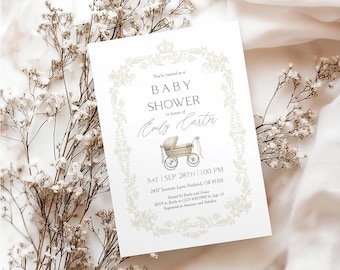 May include: A baby shower invitation with elegant floral border and text. The invitation reads "Baby Shower in honor of Emily Carter" with a vintage stroller illustration. Details include date, time, and location.
