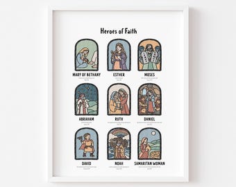 Bible Heroes of Faith Kids Wall Art, Christian Nursery Decor (Digital Download)
