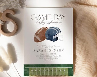 May include: A baby shower invitation with a football theme. The invitation features a watercolor illustration of a football and a helmet. Text includes "GAME DAY baby shower" and event details for Sarah Johnson.